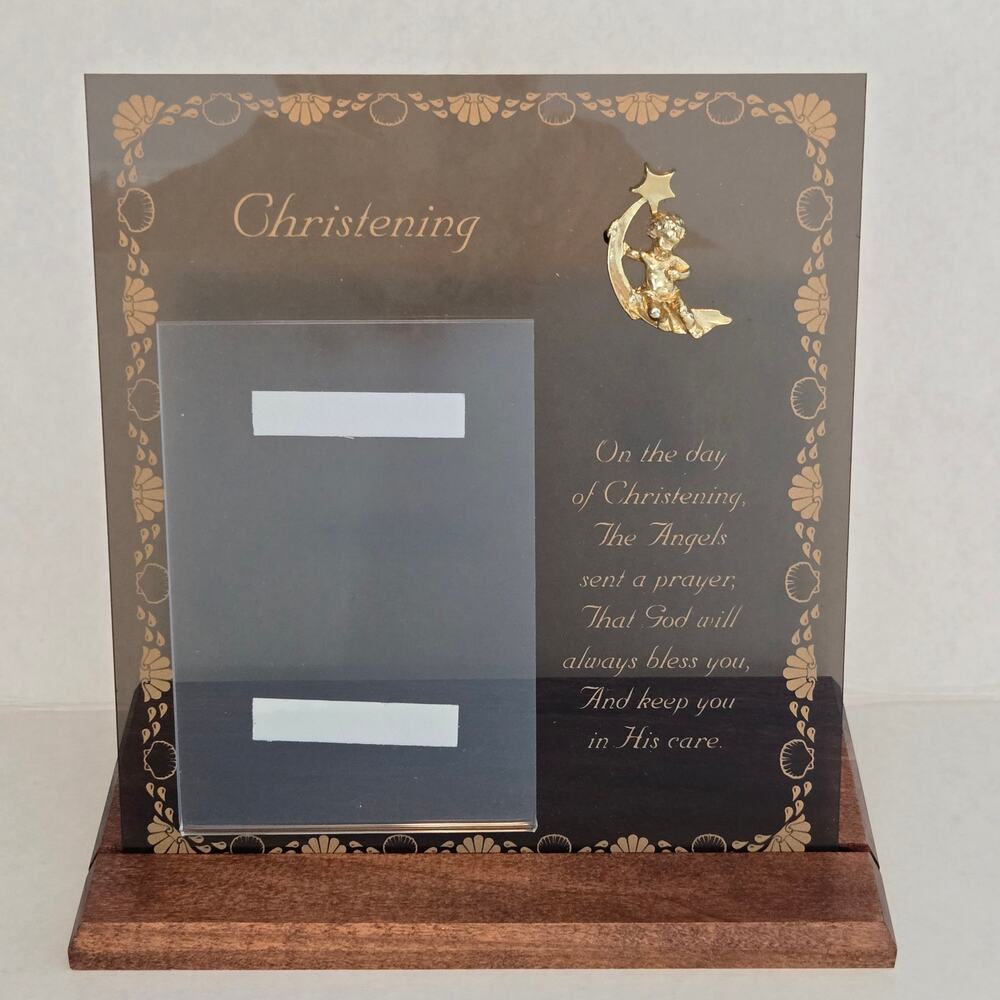 VTG Baby Christening Smoked Acrylic Plaque & Wood Base with Poem & Photo Holder
